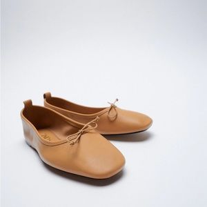 NWT Zara Leather Ballet Bow Tie Ballerinas Flats Shoes Beige Size 7 / 37